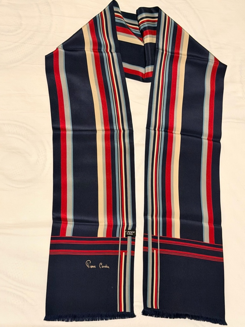 Pierre Cardin Navy Scarf with Red, Cream, Light Blue and Black Stripes